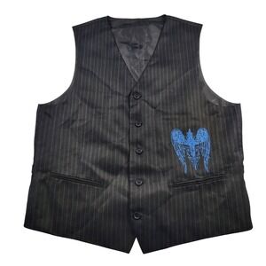 Meztizos USA Mens Pinstripe‎ Vest Black Blue Angel Wing Cross Embroidered XL